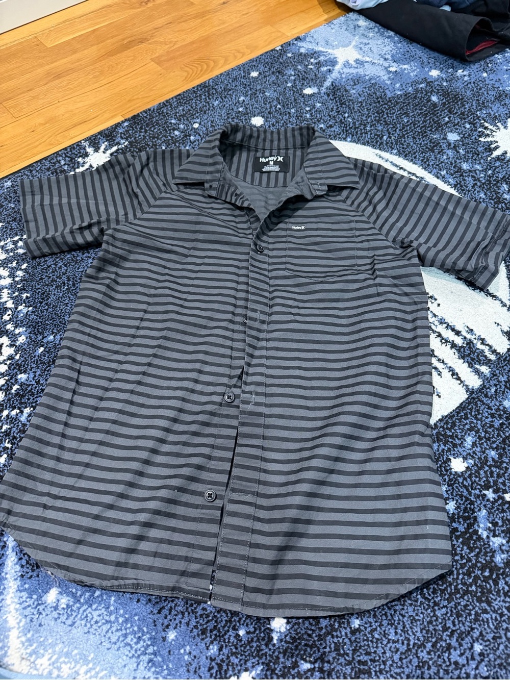 Hurley Men’s Black and Gray Striped Short-Sleeve Button-Up Shirt